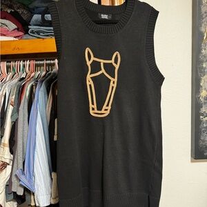 Black Sleeveless Knit Dress with Tan Horse Motif